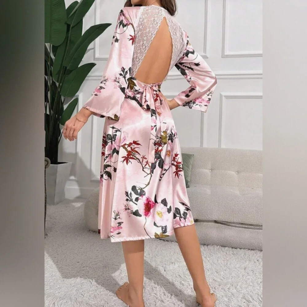 Floral Print Backless Belted Satin Robe